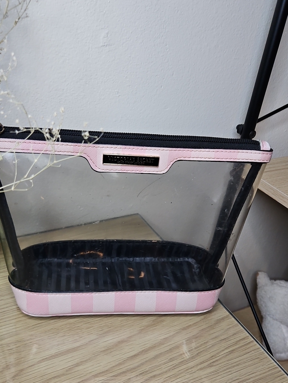 Victoria's Secret Clear Cosmetic Pouch with Pink Trim and Striped Base